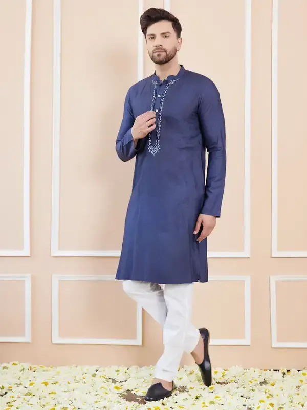 Blue_Cotton_Solid_Straight_Kurta_With_Embroidered_Neckline_And_Pyjama