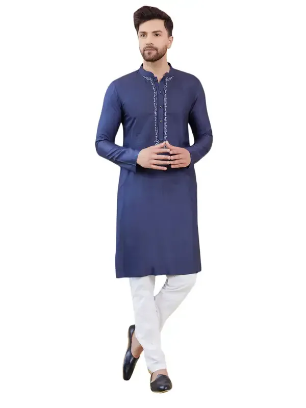 Blue_Cotton_Solid_Straight_Kurta_With_Embroidered_Neckline_And_Pyjama
