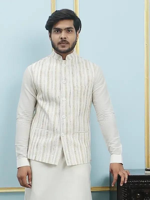 Men_Off_White_Kurta_Pajama_And_Cream_Color_Solid_Khadi_Nehru_Jacket