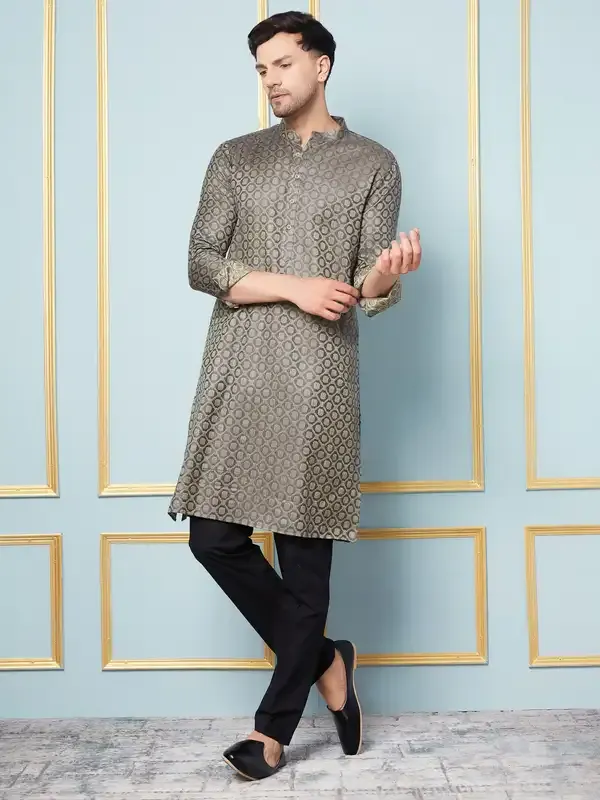 Men_Charcoal_&_Green_Woven_Design_Thread_Work_Kurta_With_Pajama