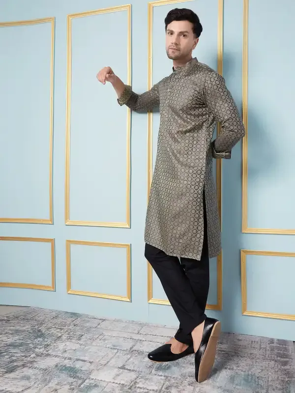 Men_Charcoal_&_Green_Woven_Design_Thread_Work_Kurta_With_Pajama