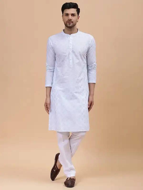 Men_White_&_Grey_Pure_Cotton_Embroidered_Staright_Kurta_With_Pajama