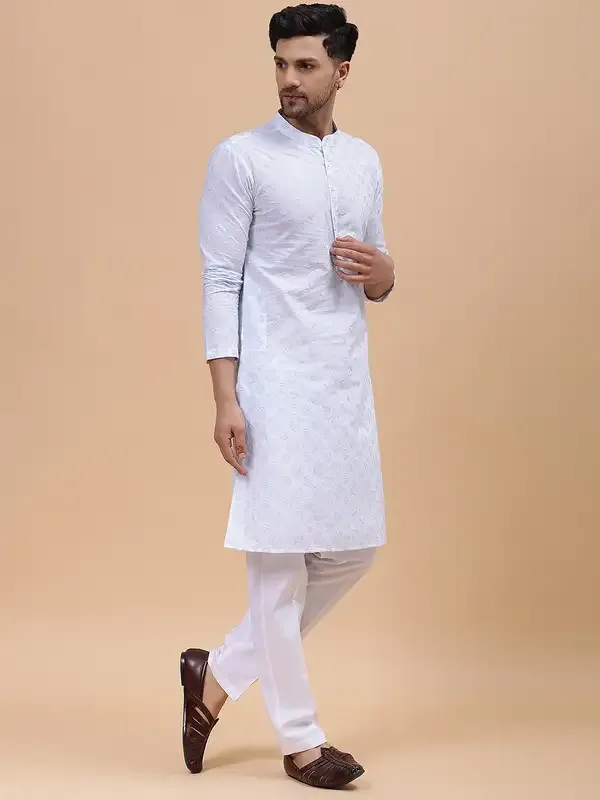 Men_White_&_Grey_Pure_Cotton_Embroidered_Staright_Kurta_With_Pajama