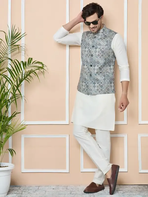 Grey_Ethnic_Motif_Printed_Nehru_Jacket_With_Solid_Kurta-Pyjama_(3_Piece_Set)