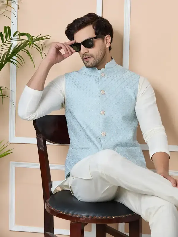 Blue_Sequin_Embroidered_Nehru_Jacket_With_Solid_Kurta-Pyjama_(3_Piece_Set)