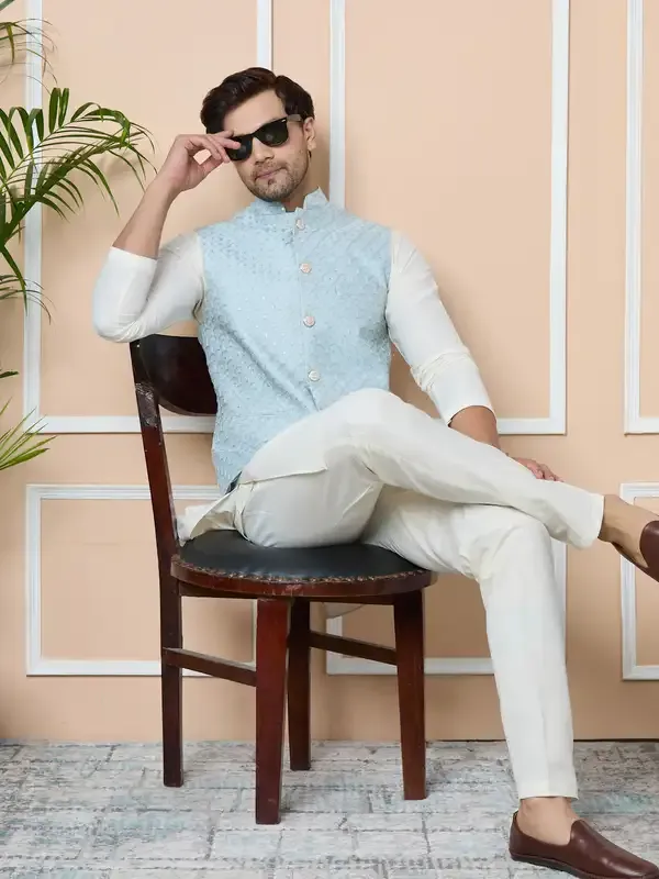 Blue_Sequin_Embroidered_Nehru_Jacket_With_Solid_Kurta-Pyjama_(3_Piece_Set)