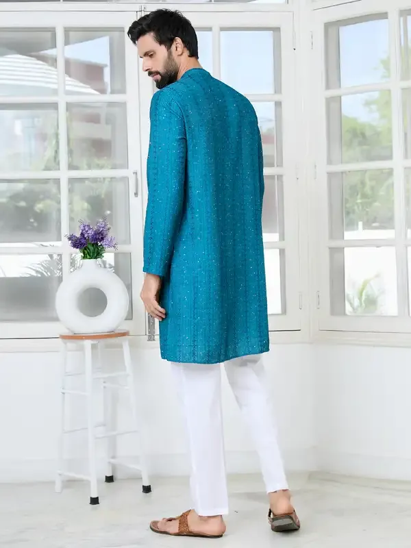 Blue_Embroidered_Thread_Work_Sequinned_Chanderi_Silk_Straight_Kurta_With_Pyjama