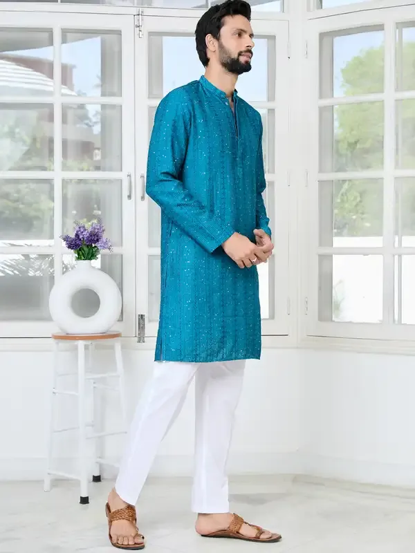 Blue_Embroidered_Thread_Work_Sequinned_Chanderi_Silk_Straight_Kurta_With_Pyjama