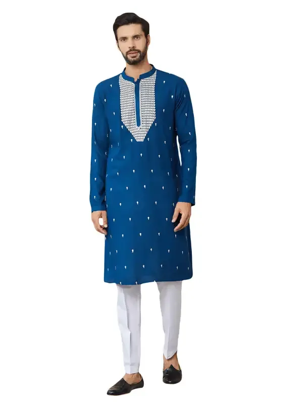 Royal_Blue_Sequins_Embroidered_Rayon_Straight_Kurta_With_Yoke_Design_And_Pyjama
