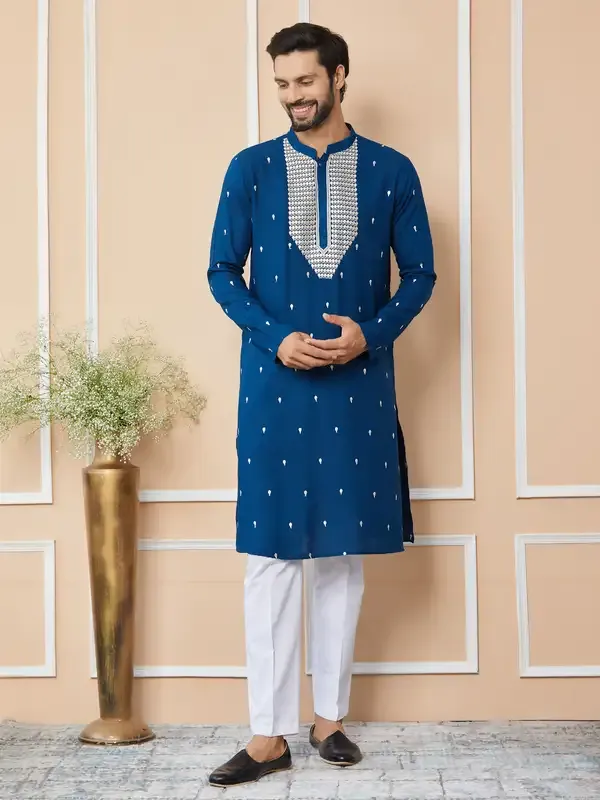 Royal_Blue_Sequins_Embroidered_Rayon_Straight_Kurta_With_Yoke_Design_And_Pyjama