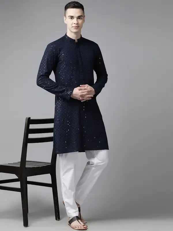 Men_Navy_Blue_Floral_Embroidered_Sequined_Rayon_Kurta_With_Pyjama