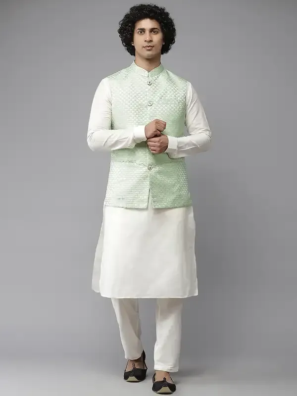 Men_Sap_Green_&_White_Solid_Kurta_Pyjamas_With_Nehru_Jacket