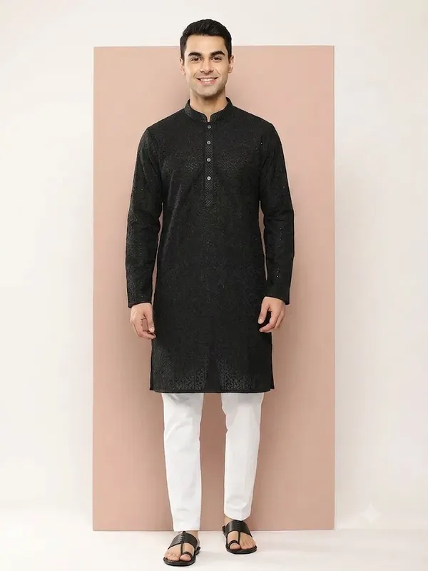 Men_Black_Embroidered_Chikankari_Rayon_Straight_Kurta_With_Pyjama