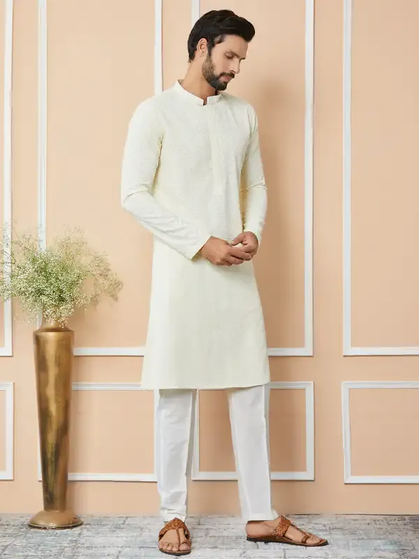 Cream_Embroidered_Chikankari_Rayon_Straight_Kurta_With_Pyjama