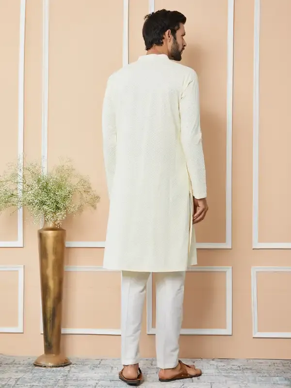 Cream_Embroidered_Chikankari_Rayon_Straight_Kurta_With_Pyjama