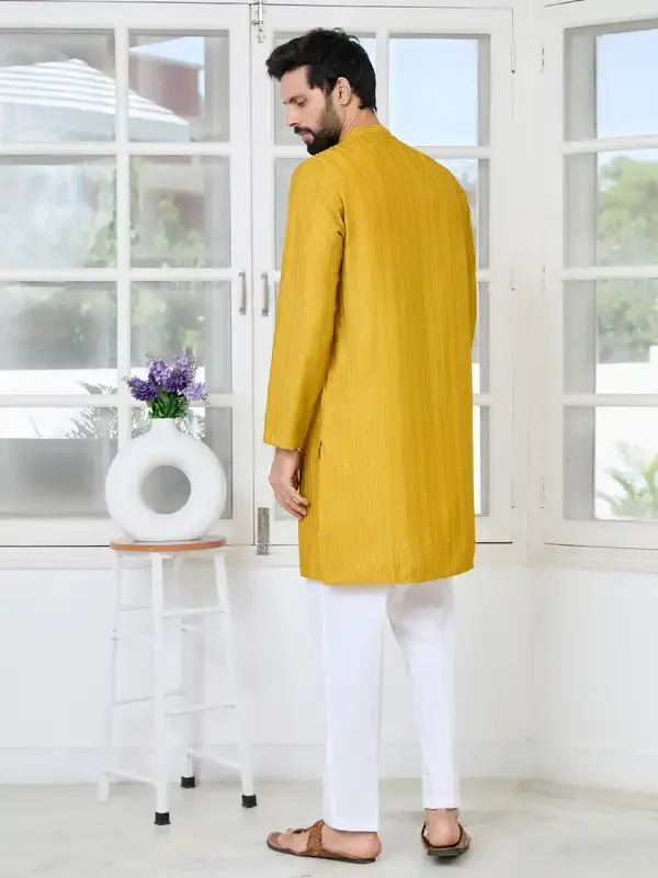 Mustard_Embroidered_Thread_Work_Sequinned_Chanderi_Silk_Straight_Kurta_With_Pyjama
