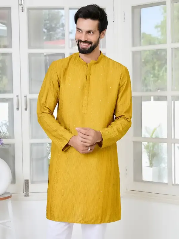 Mustard_Embroidered_Thread_Work_Sequinned_Chanderi_Silk_Straight_Kurta_With_Pyjama