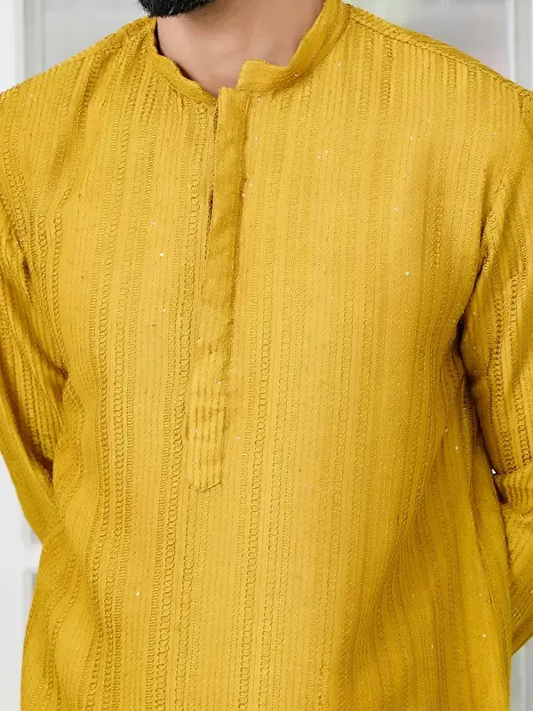 Mustard_Embroidered_Thread_Work_Sequinned_Chanderi_Silk_Straight_Kurta_With_Pyjama