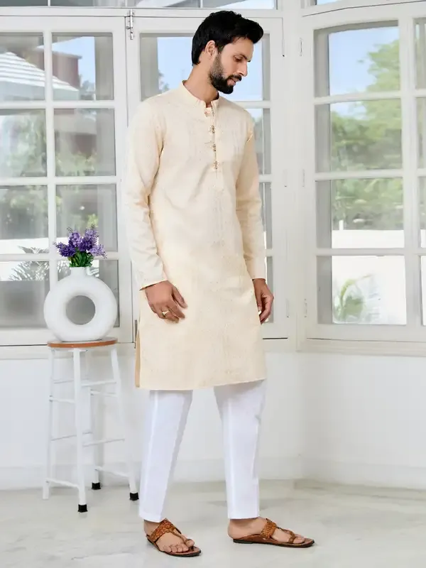 Beige_Embossed_Printed_And_Foil_Printed_Straight_Kurta_With_Pyjama