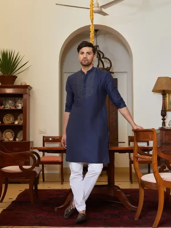 Men_Navy_Blue_Cotton_Silk_Pintex_Yock_Design_Kurta_With_Pyjama
