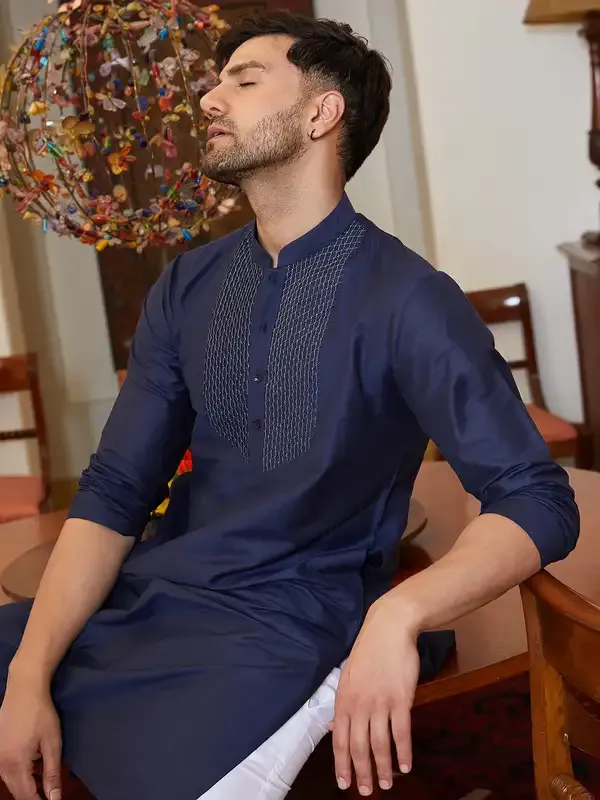 Men_Navy_Blue_Cotton_Silk_Pintex_Yock_Design_Kurta_With_Pyjama