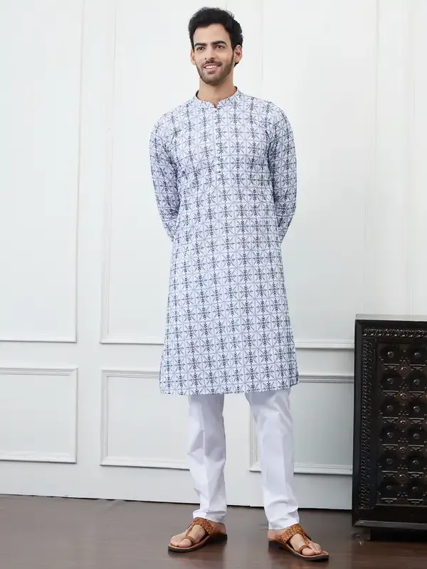Men_Cream_And_Blue_Chikankari_Embroidered_Cotton_Kurta_Set