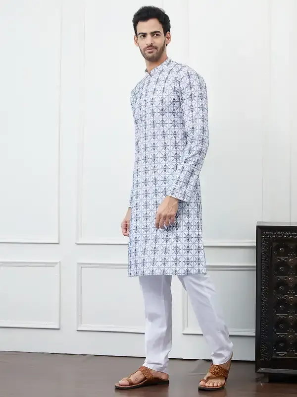 Men_Cream_And_Blue_Chikankari_Embroidered_Cotton_Kurta_Set