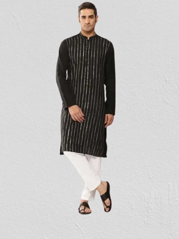 Men_Black_And_Gold_Chanderi_Silk_Sequins_Kurta_With_Pyjama