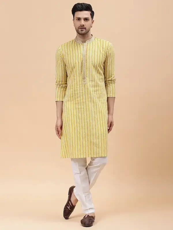 Men_Gold_&_White_Pure_Cotton_Embroidered_Staright_Kurta_With_Pajama