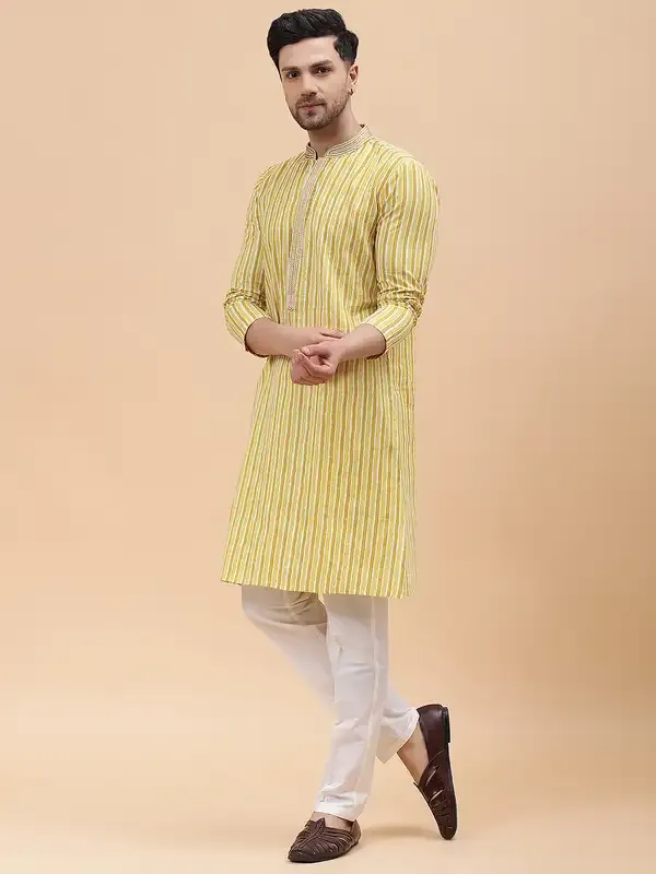 Men_Gold_&_White_Pure_Cotton_Embroidered_Staright_Kurta_With_Pajama