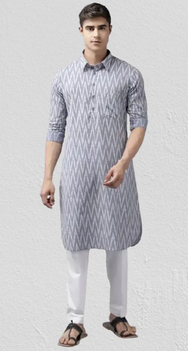 Men_Light_Grey_Regular_Pure_Cotton_Pathani_Printed_Men'S_Kurta_With_White_Salwar