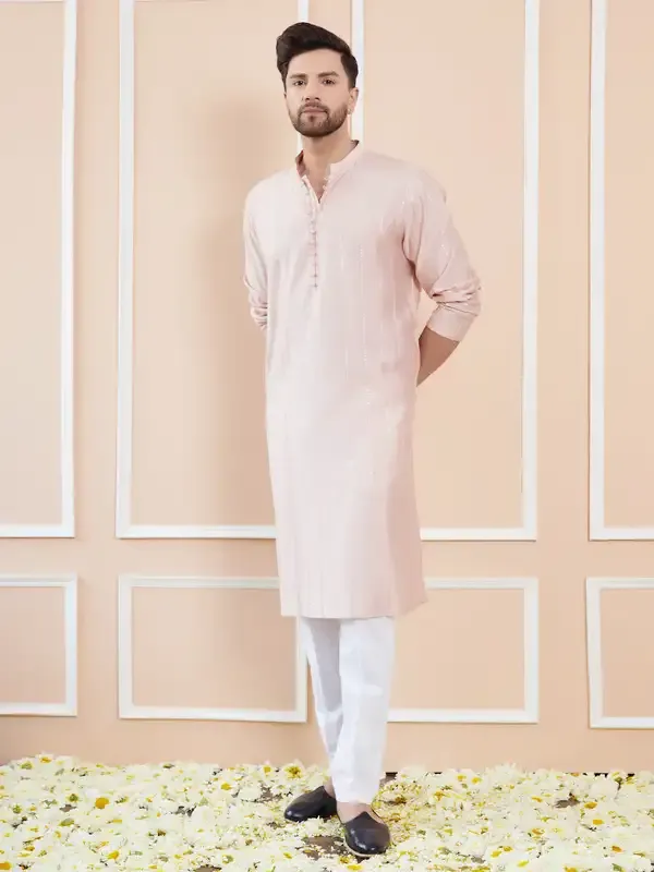 Men_Pink_And_Gold_Chanderi_Silk_Sequins_Kurta_With_Pyjama