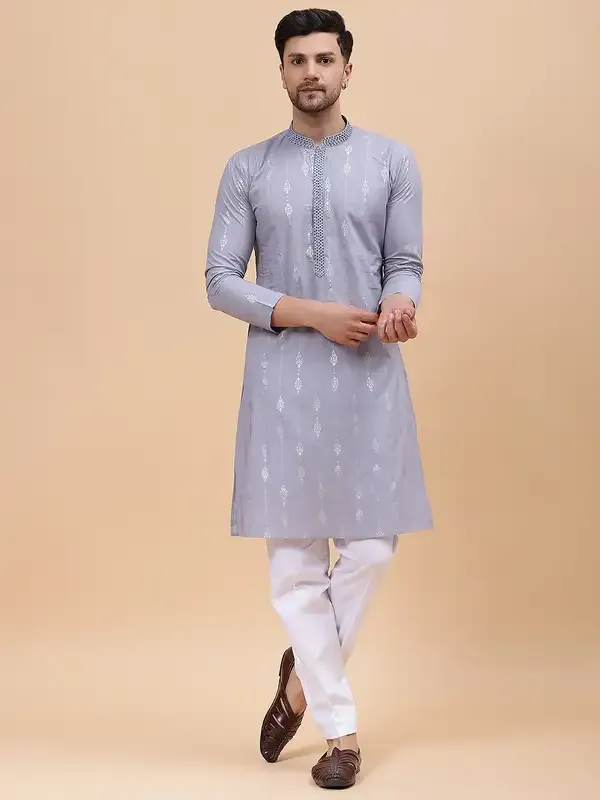 Men_Grey_&_Blue_Pure_Cotton_Embroidered_Staright_Kurta_With_Pajama