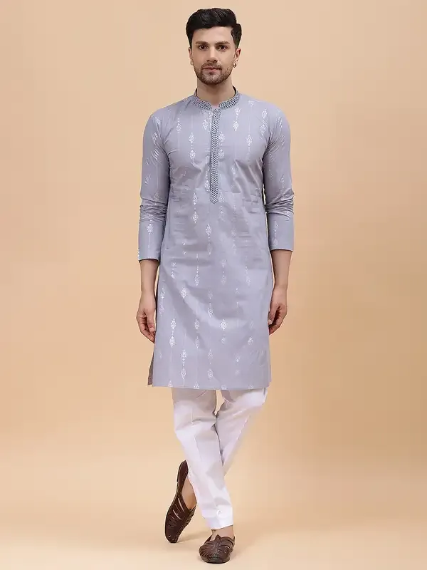 Men_Grey_&_Blue_Pure_Cotton_Embroidered_Staright_Kurta_With_Pajama