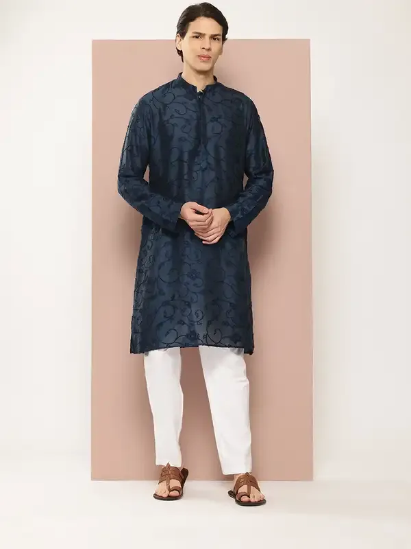 Men_Teal_Embroidered_Thread_Work_Chanderi_Silk_Straight_Kurta_With_Pyjama