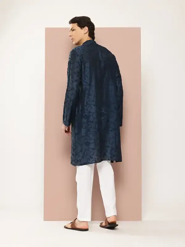 Men_Teal_Embroidered_Thread_Work_Chanderi_Silk_Straight_Kurta_With_Pyjama