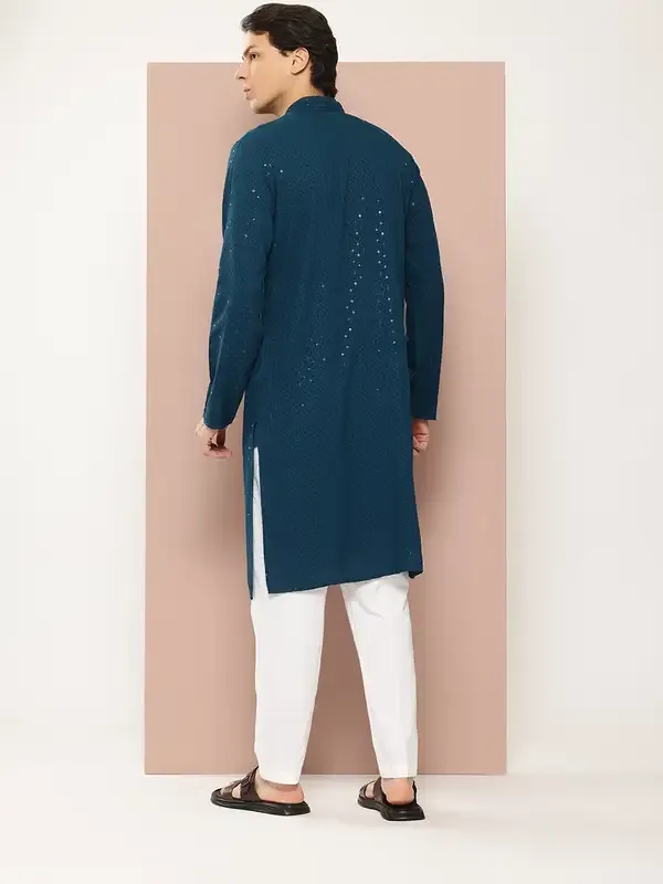 Men_Teal_Embroidered_Sequined_Rayon_Kurta_With_Pyjama