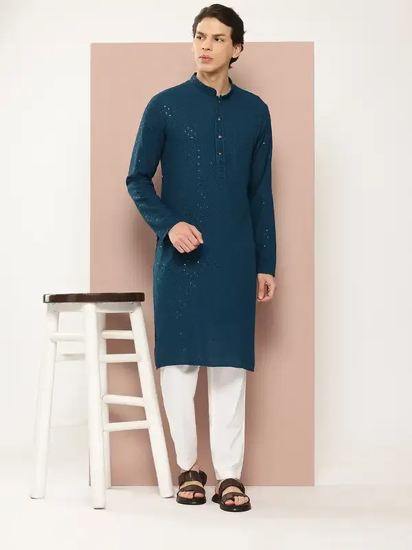 Men_Teal_Embroidered_Sequined_Rayon_Kurta_With_Pyjama