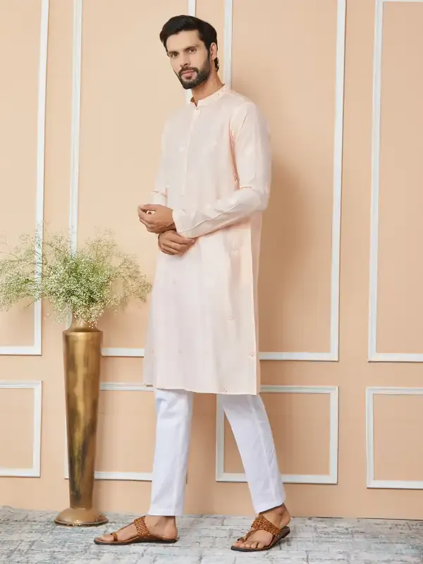 Peach_Embroidered_Pure_Chanderi_Silk_Straight_Kurta_With_Pyjama