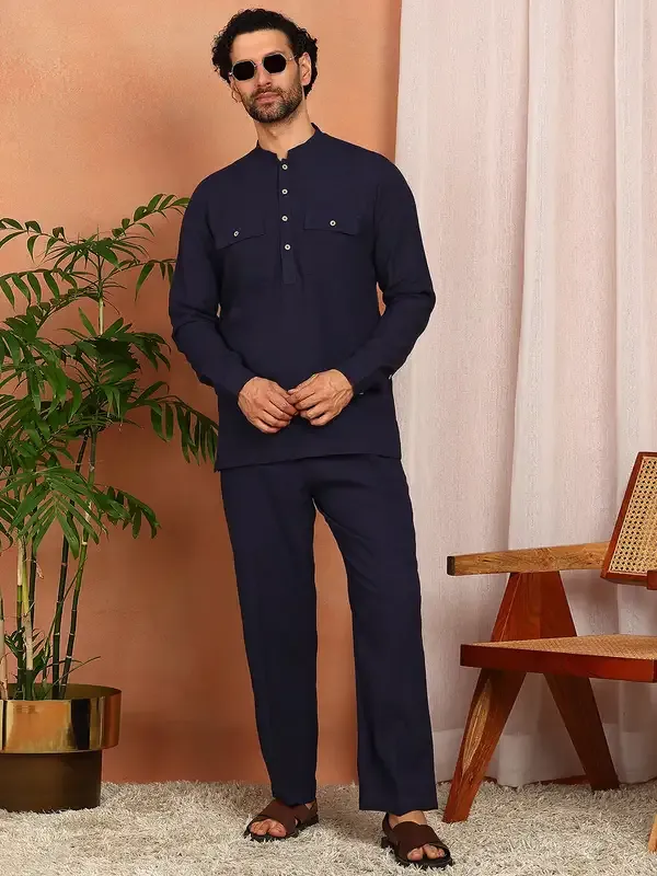 Men'S_Navy_Blue_Linen_Solid_Pathani_Set