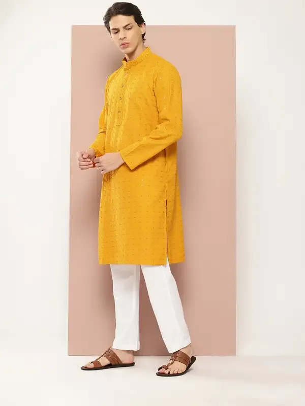 Men_Mustard_Embroidered_Sequined_Rayon_Kurta_With_Pyjama