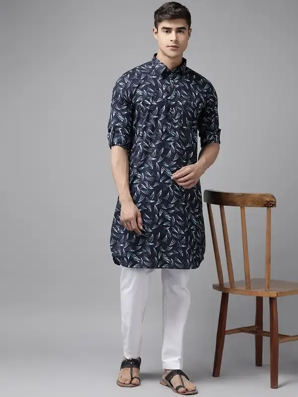 Men_Indigo_Regular_Pure_Cotton_Pathani_Printed_Men'S_Kurta_With_White_Salwar