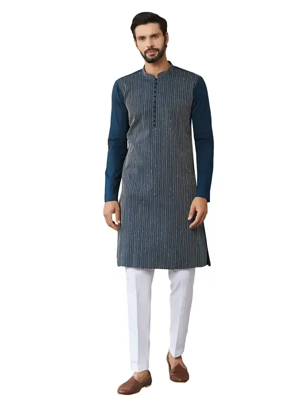 Dark_Blue_Thread_&_Sequin_Worked_Pure_Cotton_Straight_Kurta_With_Pyjama