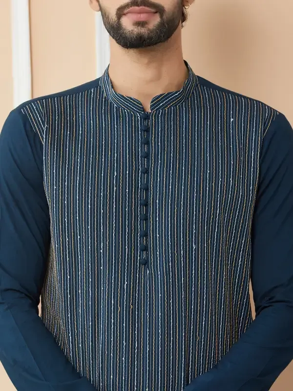 Dark_Blue_Thread_&_Sequin_Worked_Pure_Cotton_Straight_Kurta_With_Pyjama