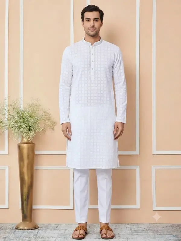 White_Embroidered_Chikankari_Pure_Cotton_Straight_Kurta_With_Pyjama