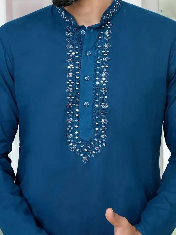 Blue_Mirror_Worked_Cotton_Straight_Kurta_With_Pyjama
