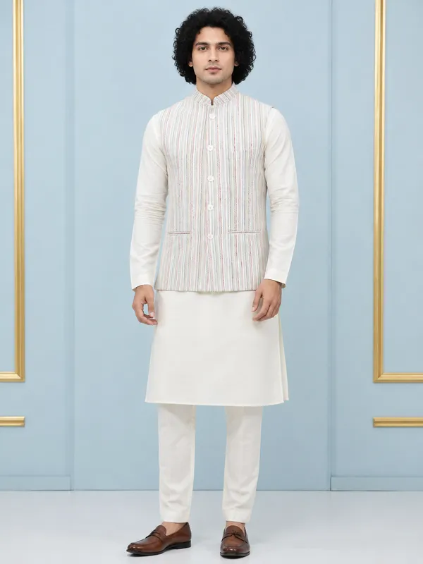 Men_Off_White_Kurta_Pajama_And_Cream_Color_Solid_Khadi_Nehru_Jacket