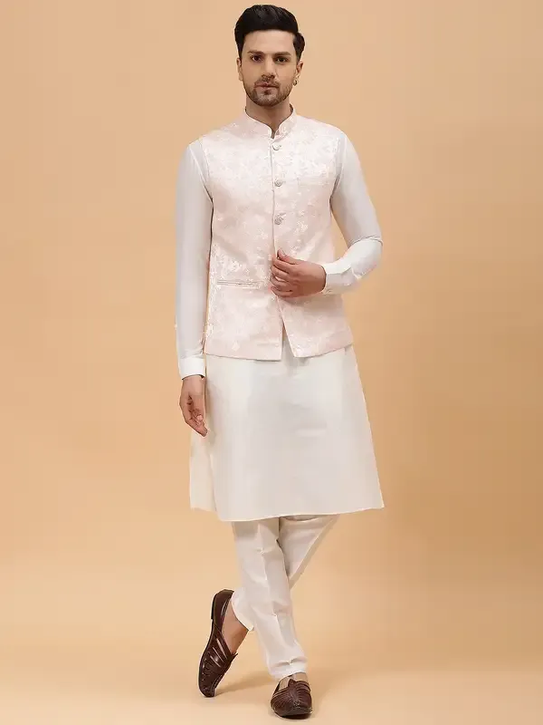 Men_Off_White_Kurta_Pajama_&_Peach_Woven_Design_Jacquard_Nehru_Jacket