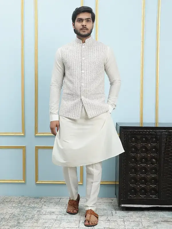 Men_Off_White_Kurta_Pajama_And_Cream_Color_Solid_Khadi_Nehru_Jacket