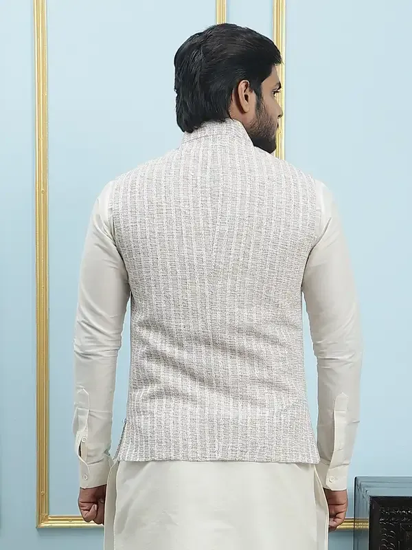 Men_Off_White_Kurta_Pajama_And_Cream_Color_Solid_Khadi_Nehru_Jacket